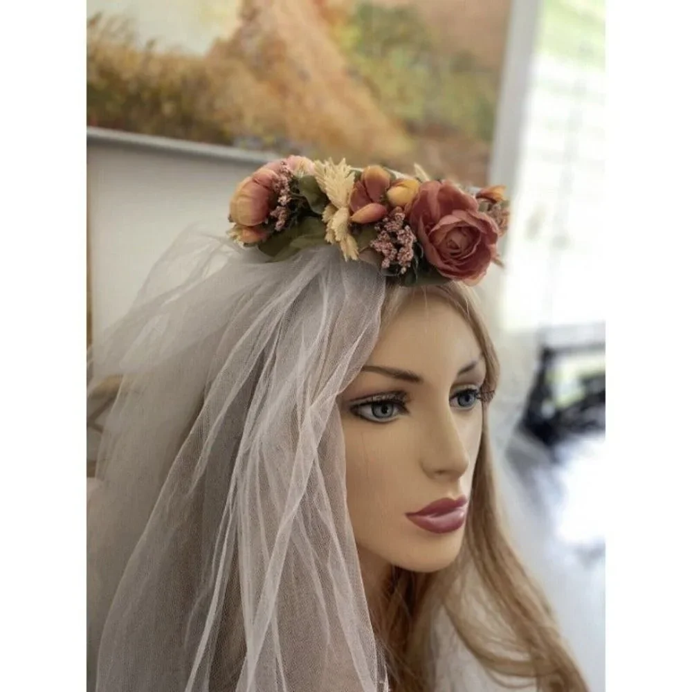 Vintage Bridal Wedding Hair Accessory Crown Earth Tones Boho Unique Handmade 70s